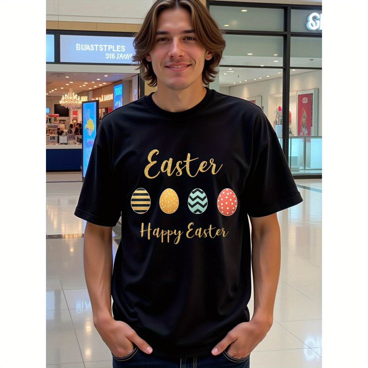 Novelty Clothing, Men's Clothing, Glittery Easter T-Shirts with Colorful Eggs Design, Comfortable, Mens T-Shirts Pack